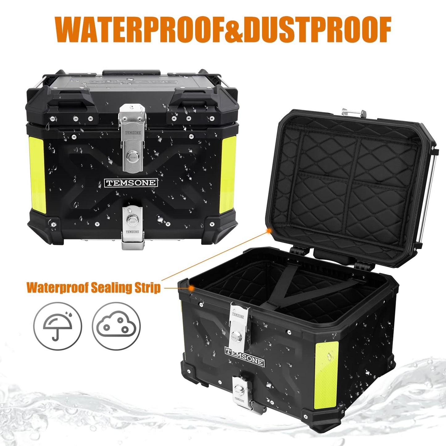 TEMSONE 45L Universal Motorcycle Top Case, Waterproof Motorcycle Tail Box with Backrest & Handle, Dual-key Storage Carrier Case, Aluminum Trunk Tour Tail Box for Store Helmet