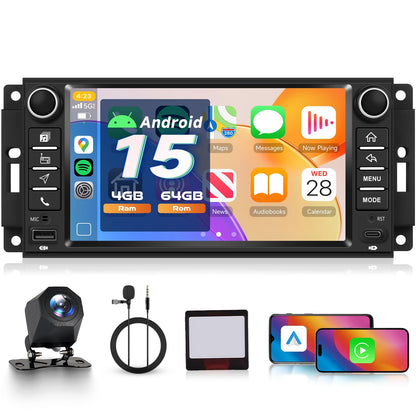4G+64G Car Stereo forfor Jeep Wrangler JK 2007-2018 Dodge, Wireless CarPlay Android Auto, 7'' IPS Touch Screen Android 15 Car Stereo with GPS, WiFi, Bluetooth, FM, EQ, SWC, Backup Camera