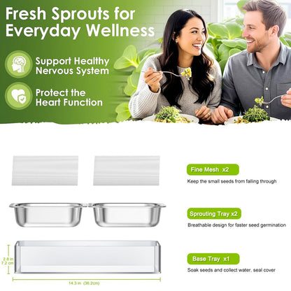FANHAO Upgraded Visual Seed Sprouter Tray, Stainless Steel Soil-Free Cultivation Germination Tray with Acrylic Base, Healthy Microgreens Growing Kit for Indoors Sprouting Seeds, Grow Grass, Beans