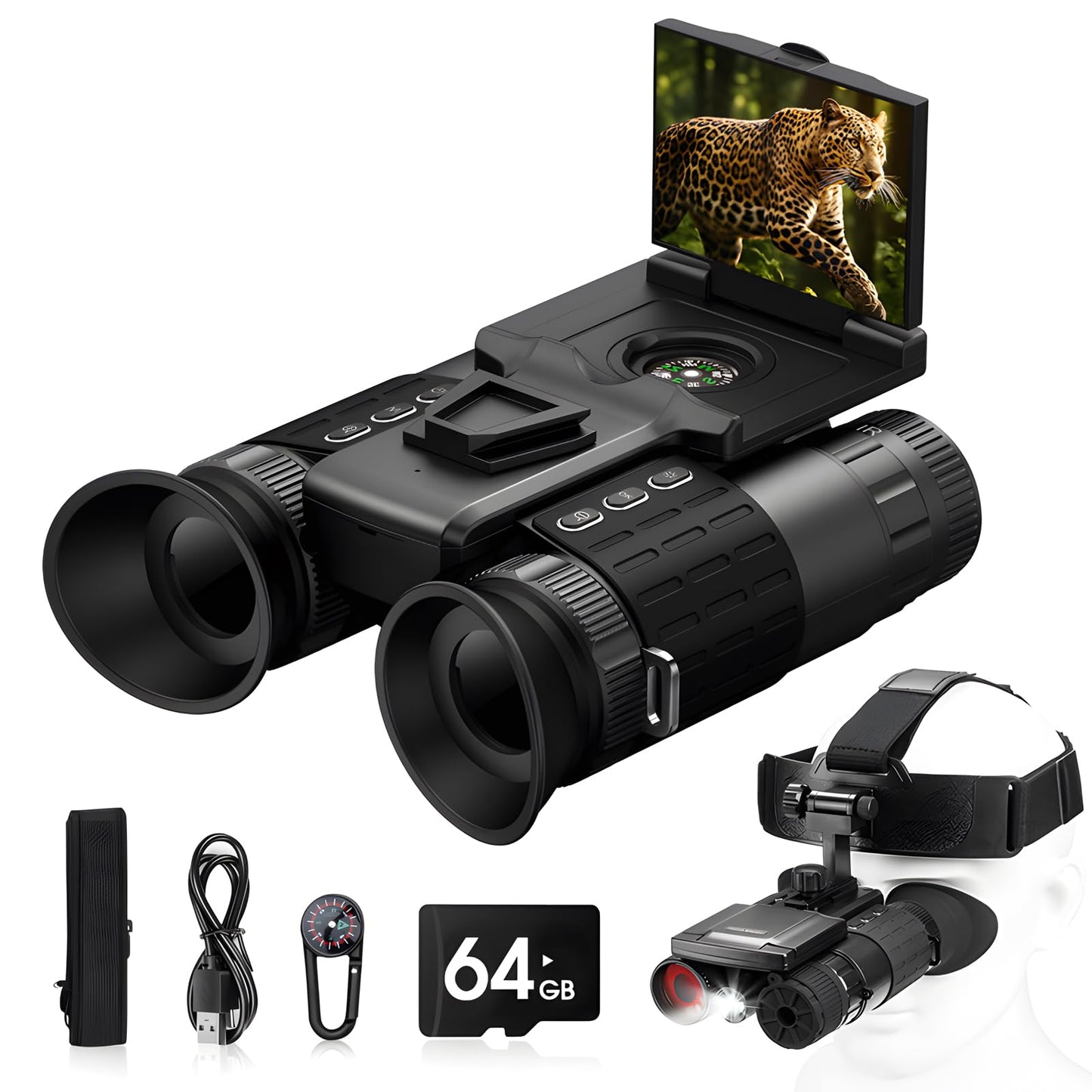 Head Mounted Night Vision Goggles with Screen for Adults 2000FT - 4K Night Vision Binoculars, Infrared Goggles with 64GB Card with Flashlight 8X Digital Zoom Outdoor Exploration Camping