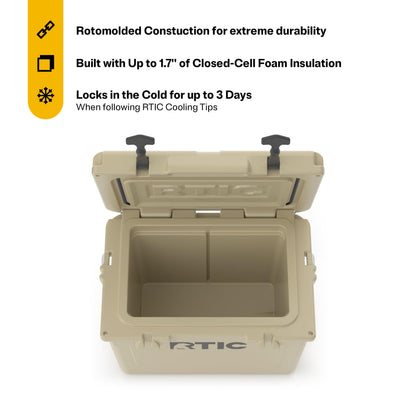 RTIC 20 QT Ultra-Tough Cooler Hard Insulated Portable Ice Chest Box for Beach, Drink, Beverage, Camping, Picnic, Fishing, Boat, Barbecue, Tan