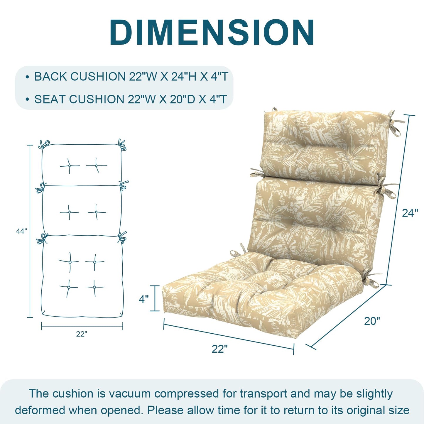 DYTXIII Outdoor High Back Chair Cushions Set of 2, Water Repellent Tufted Rocking Seat Cushions Replacement 44 x 22 Inch, Seat & Back Chair Pads for Patio, Balcony and Indoor Use -Tropical Leaf Oat