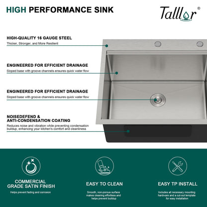 Talllor 25 Inch Drop In Laundry Sink with Faucet - 12" Deep Workstation 16 Gauge T-304 Stainless Steel Single Bowl Utility Sink with All-In One Accessories for Laundry Room, Outdoor, Garage #TLT-0063