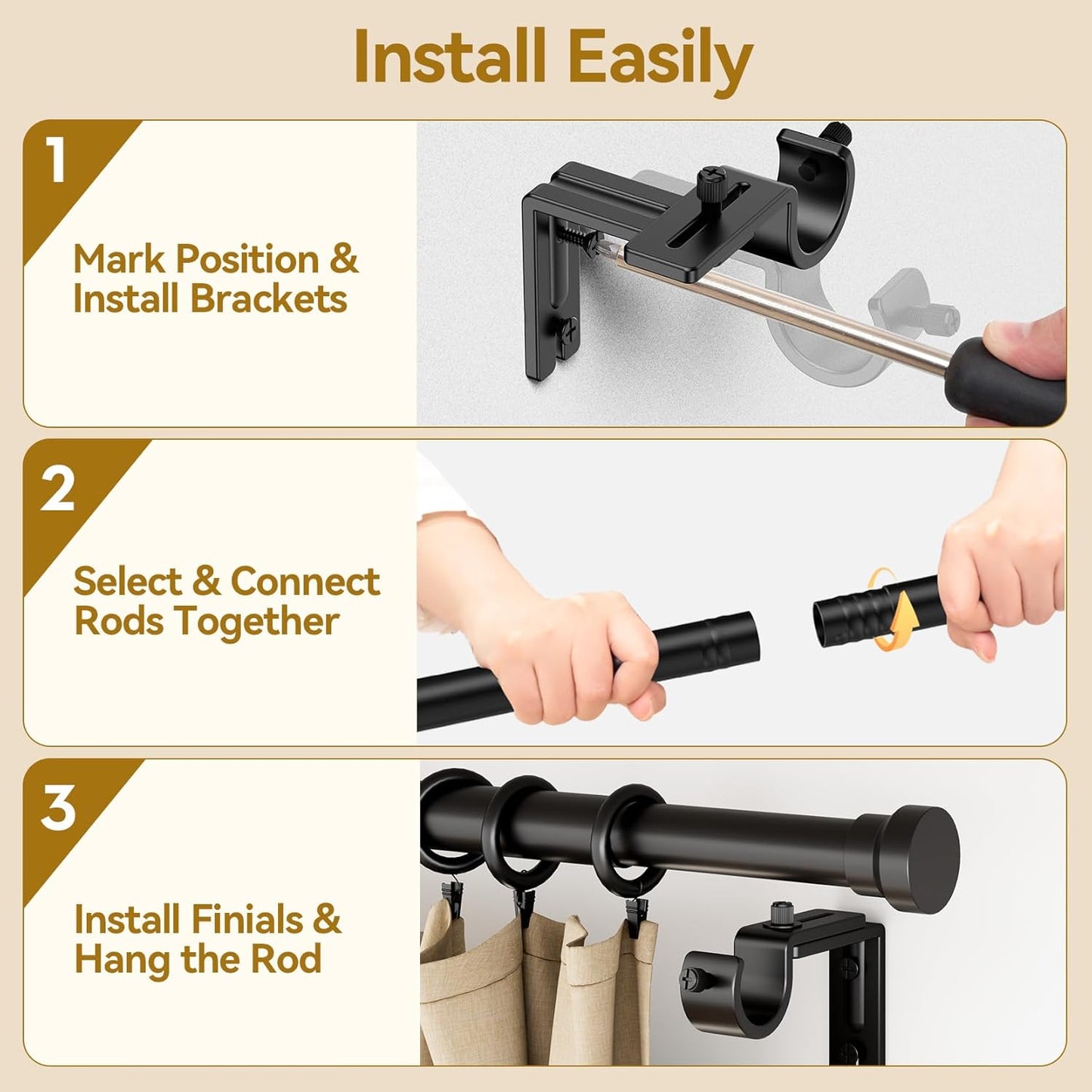 YaFex Curtain Rods - Heavy Duty 1 Inch Adjustable Window Treatment Rods | 32-144 Inch, Black, Modern Design