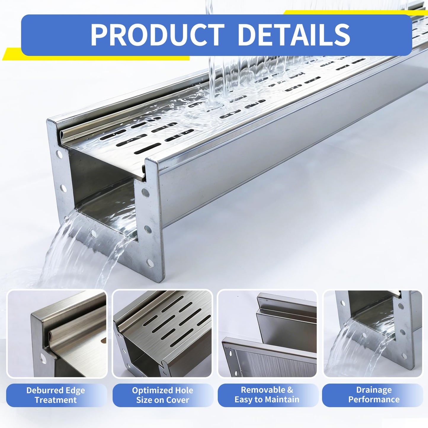 304 Stainless Steel Channel Drain with Galvanized Steel Drain Grate, 39.4×5.9×5.5in B-Class 28100 lbs Heavy-Duty Trench Drain System for 3”Pipe,Channel Drain Kit for Driveway,Outdoor,Yard,Garage Floor