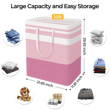 HomeHacks 2 Pack Large Laundry Baskets, Waterproof, Freestanding Laundry Hampers, Collapsible Clothes Hamper with Reinforced Handles in Laundry, College Dorm, Bathroom, Bedroom (Grey+Pink, 125Lx2)
