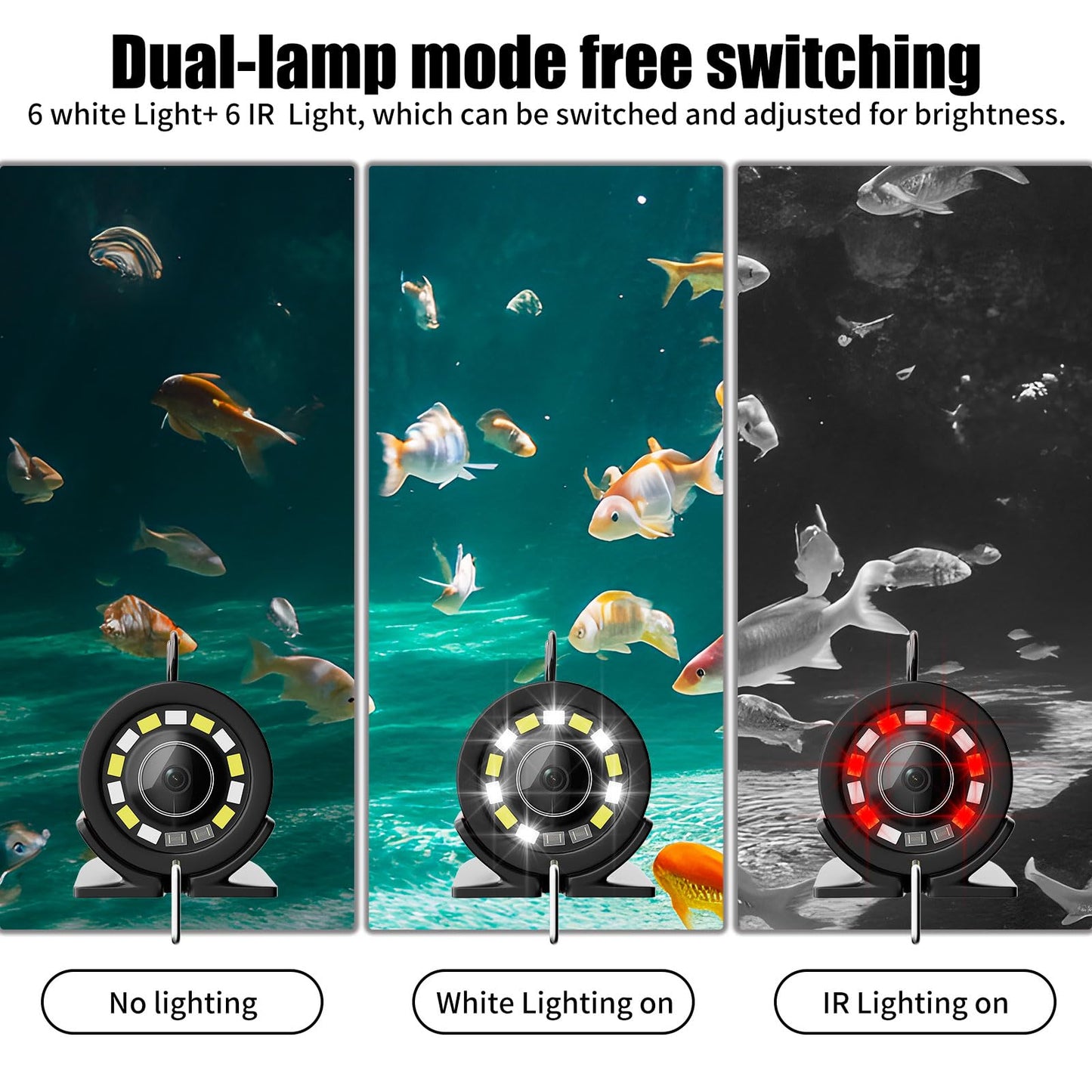 EIXAUP Underwater Fishing Camera, 7 inch HD IPS Monitor 1200TVL IP68 Wateproof Camera with 6 Pcs LED Lights + 6 Pcs IR Infrared Lights, 165°Wide Angle for Ice, Boat and Lake Fishing(100 FT/30 M)