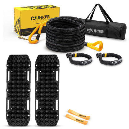BUNKER INDUST Off-Road Traction Boards (Black) + 3/4in×20ft Kinetic Recovery Rope with 2 Soft Shackles Kit