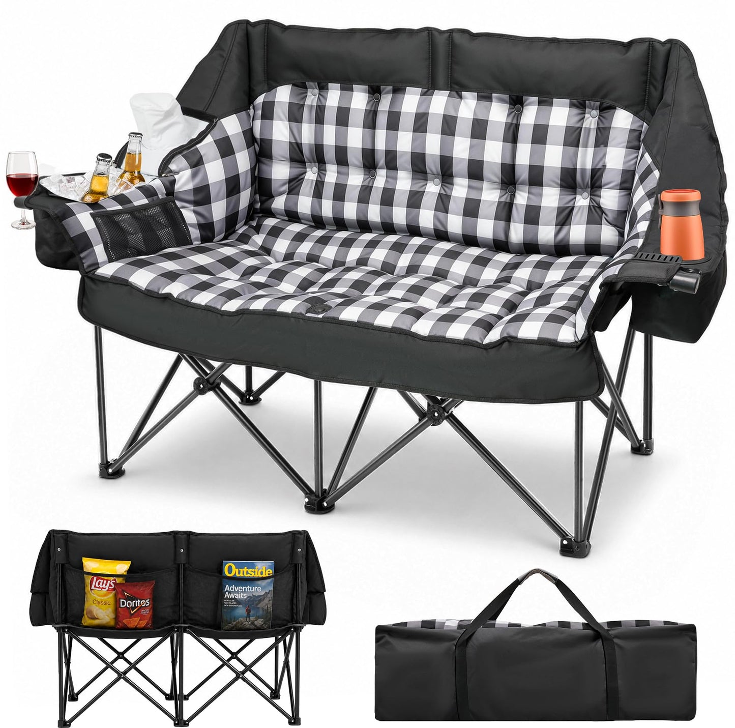 HOPERAN Double Camping Chair, Oversized Padded Camping Couch, 600D Oxford Folding Camping Loveseat w/Side Pocket, Cooler Bag, Wine Glass Holder, 800LBS Heavy Duty Lawn Chair for Patio Backyard Beach