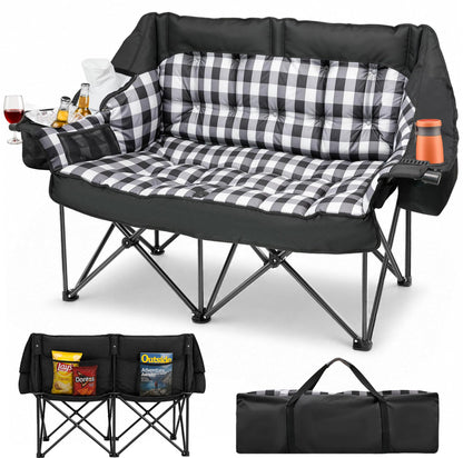 HOPERAN Double Camping Chair, Oversized Padded Camping Couch, 600D Oxford Folding Camping Loveseat w/Side Pocket, Cooler Bag, Wine Glass Holder, 800LBS Heavy Duty Lawn Chair for Patio Backyard Beach