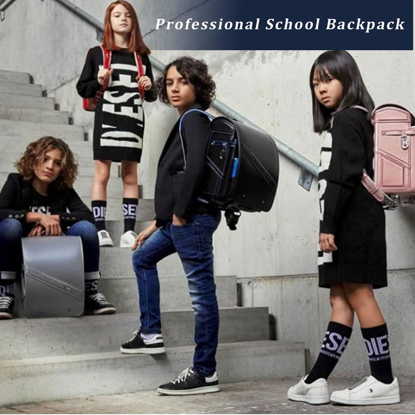 IwaiLoft Ransel Randoseru Backpack with Automatic Satchel for Boys, Japanese School Bag Embroidery PU Bookbag for Men Male (Lightning Silver)