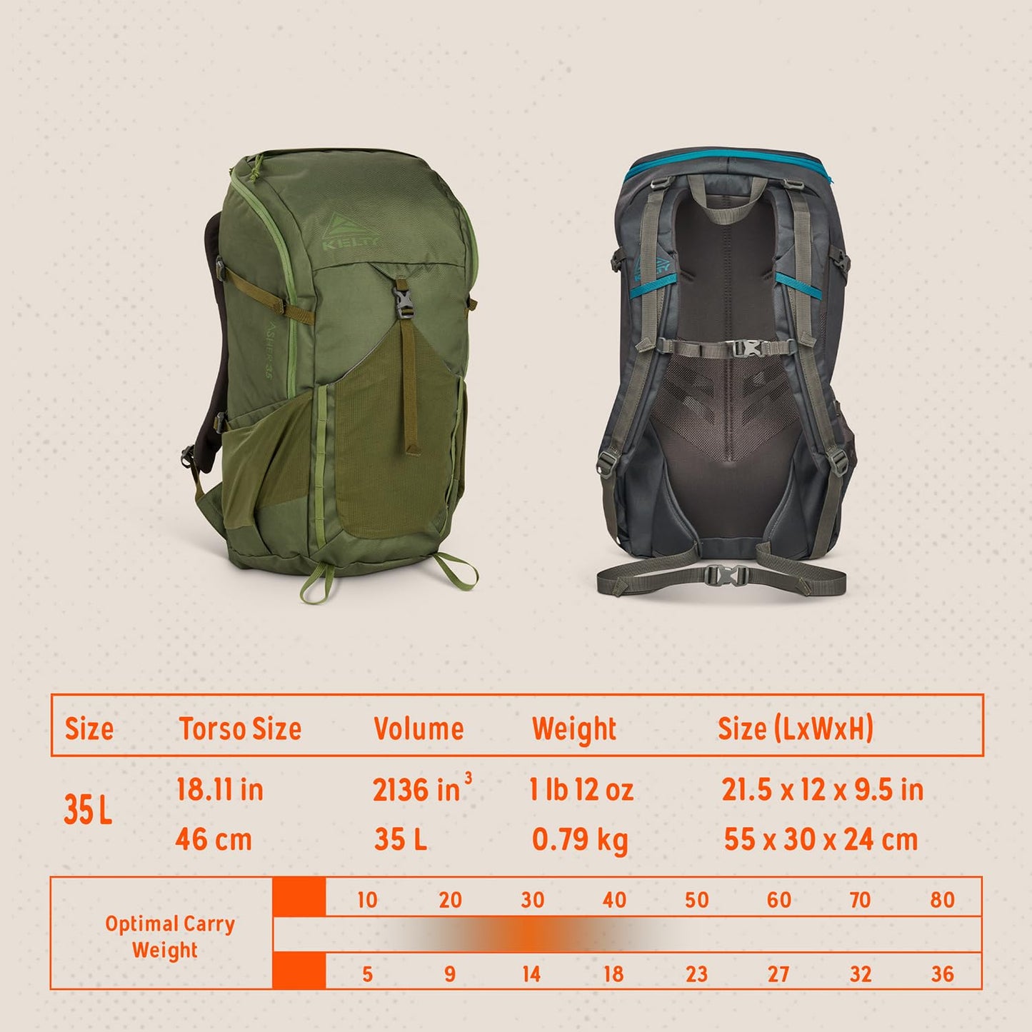 Kelty Asher Backpack, Daypack to Multi-Day Backpacking Capacity, Hiking, Lightweight Travel Pack, Internal Frame (35L Winter Moss)