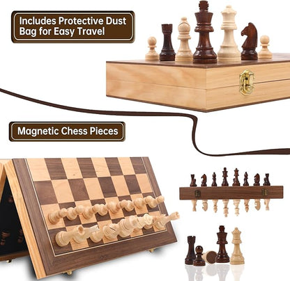 15 Staunton Chess Set with Travel Case - Professional Tournament Wooden Board 2 Extra Queens &amp Storage Bag for Dad Portable Magnetic Chess Game for Camping/Clubs