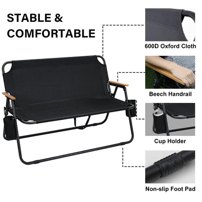 ptlsy 2 Person Camping Chair Oversized Loveseat Camping Chair with Seat Cushion Double Camping Chairs for Adults Heavy Duty Camping Couch Black Outdoor Folding Chair Portable Patio Lawn Chair