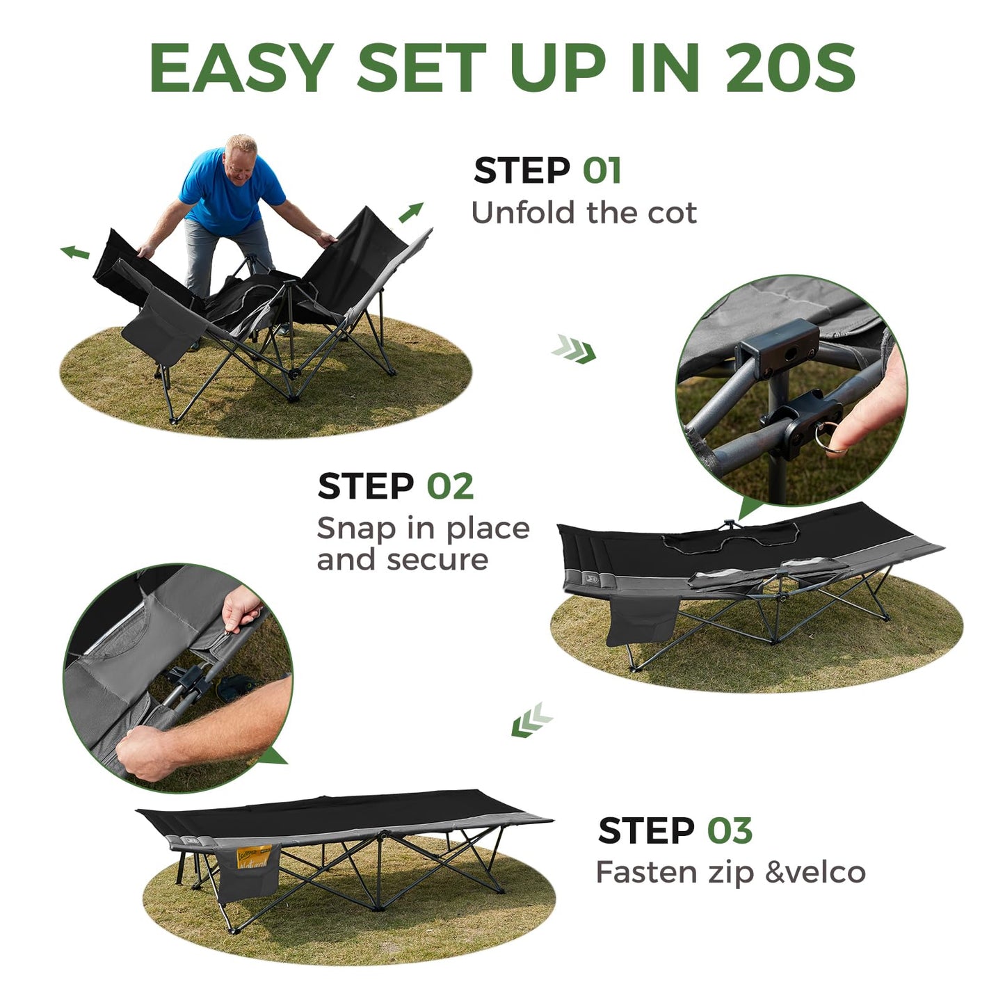 TIMBER RIDGE 32.5in Extra Wide Heavy Duty Camping Cot for Adult, Easy Set Up Oversized Sleeping Cot with Carry Bag for Camping, Travel and Outdoors, Support up to 450lbs, Black