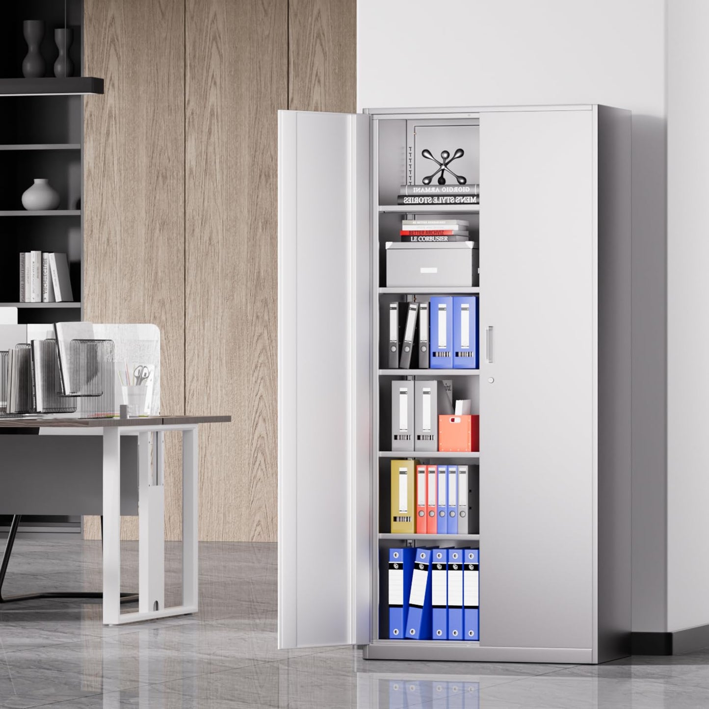 DNA Motoring 71'' Metal Storage Cabinet, Locking Tool Cabinet with 5 Adjustable Shelves, Heavy Duty Metal Locker for Garage,Office,Home,Gym,White, TOOLS-00632-WH-WH-A