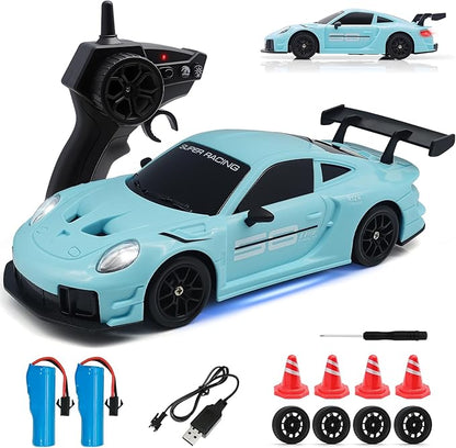 RC Drift Car 1:24 4WD Remote Control Cars Vehicle with LED Light2.4GHz 20KM/H High Speed RC Cars with Two Batteries &amp Drifting Tires Racing Sport Toy for Adults Boys Girls Kids Blue