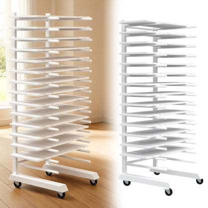 Colingmill 1 Pack 15 Tier Cabinet Doors Paint Drying Rack with Casters 16 in Rods 20 in Base White Powder Coated 15lbs/Shelf Iron Detachable Crossbars Space Saving for Painted Wood Panels Doors