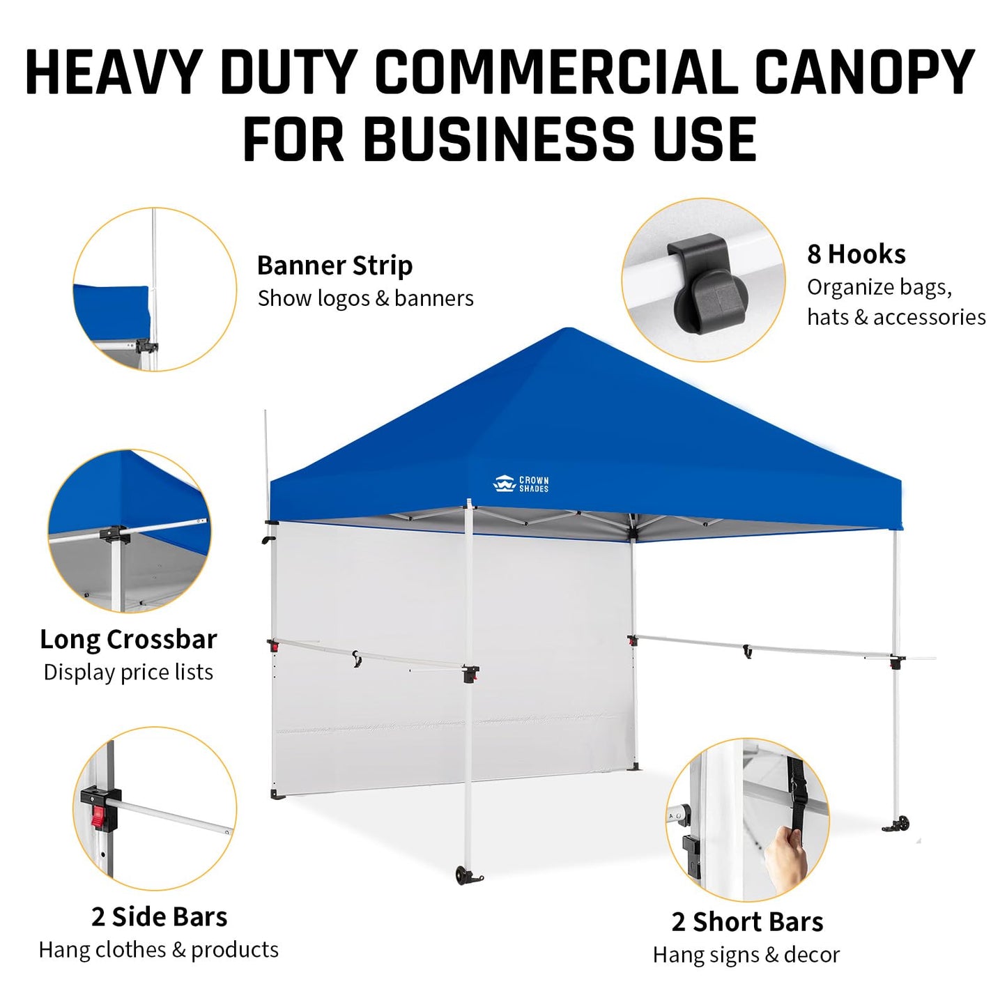 CROWN SHADES 10x10 Pop Up Commercial Canopy Tent, Patented One Push Setup, Heavy Duty Vendor Tent, 1 Removable Sidewall, 4" Wheels, STO-N-Go Bag, 400D Silver Coated, UPF 50+ Waterproof, Blue