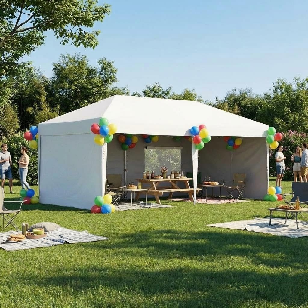10x20Ft Pop Up Canopy Tent, One Push Setup Instant Beach Tent, Outdoor Canopy with 4 Sidewalls & Roller Bag, Includes Sandbags, Adjustable Height, Waterproof, Sun Shelter for Events, Camping, White