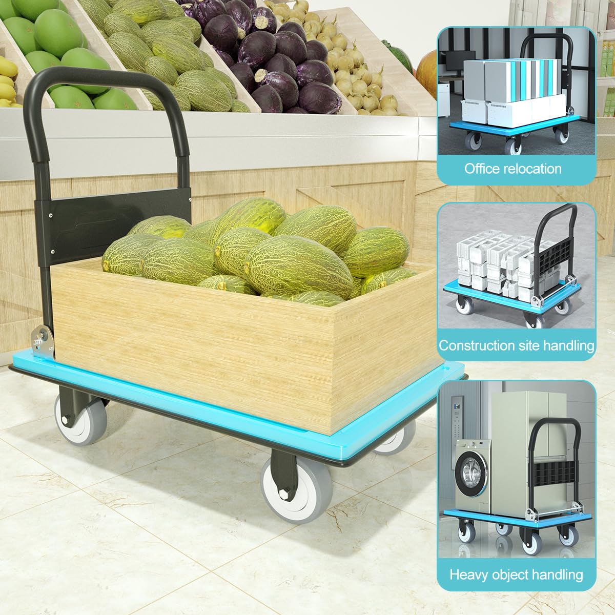 WUD Push Cart, Folding Mobile Platform Trolley,Thickened and Reinforced, 360° Swivel Wheels,36 “L x 24 ”W, 1100 lb. Blue Dolly cart with Wheels