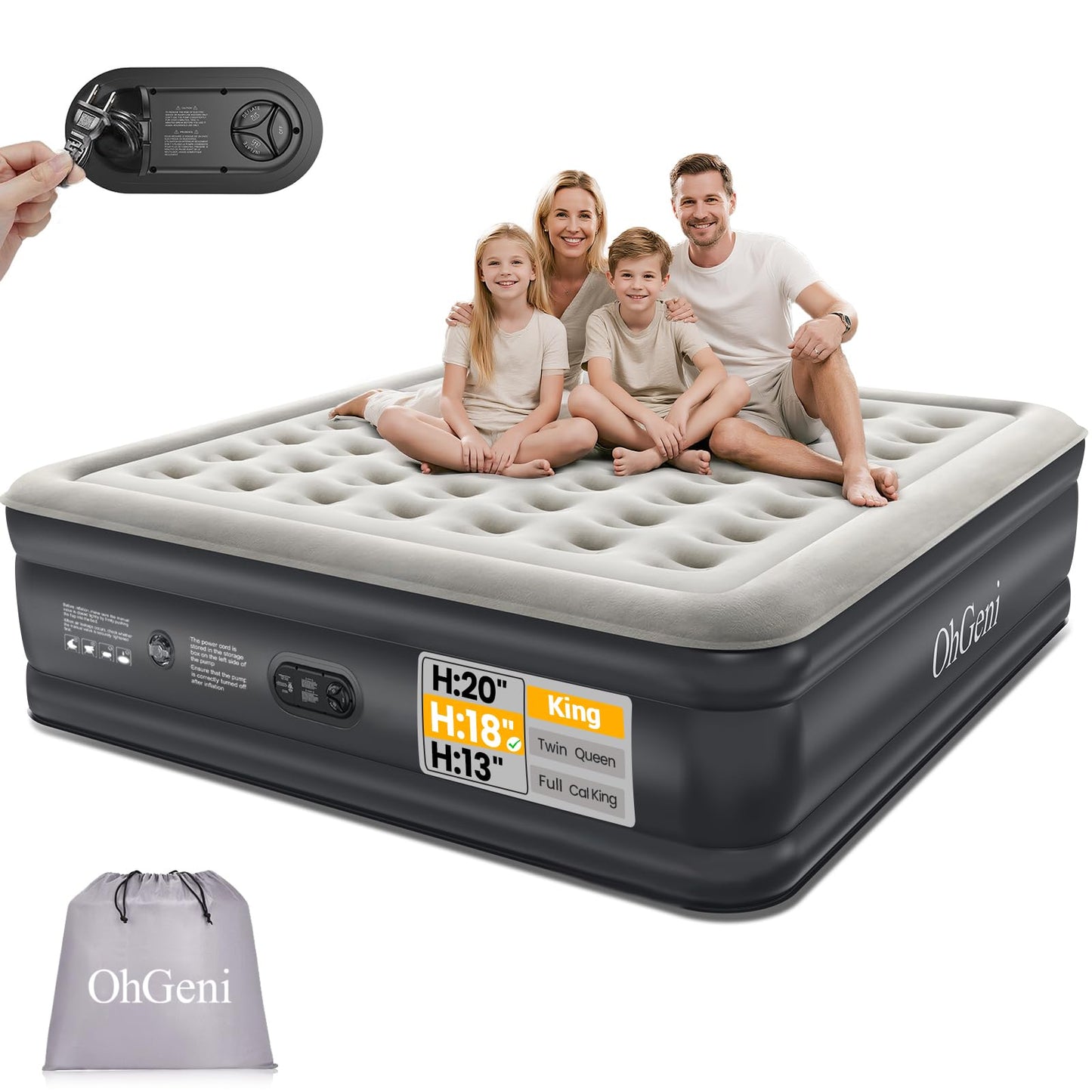 OhGeni King Size Air Mattress with Built in Pump, Family Choice Award Winner, 18'' Comfortable Blow Up Colchones Inflables Mattress for Home, Guests, Portable Air Bed, 700 lbs