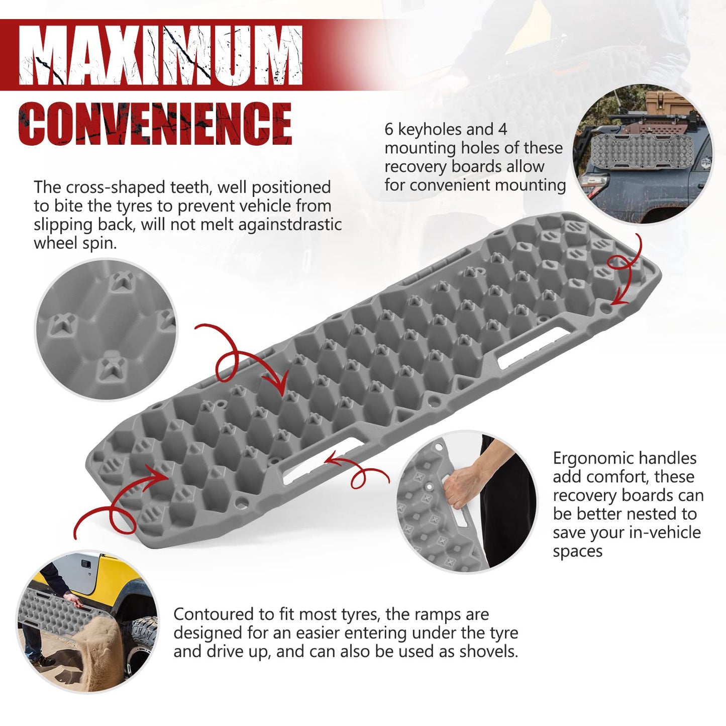 BUNKER INDUST Off Road Traction Boards (Gen 10) Grey + 1"×30ft Kinetic Recovery Rope with 2 Soft Shackles Kit