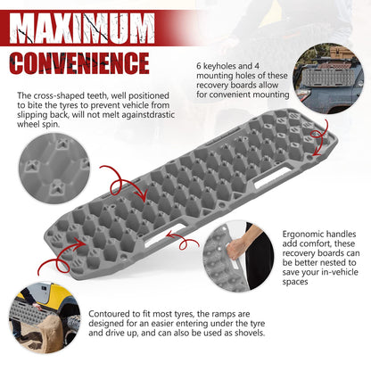 BUNKER INDUST Off Road Traction Boards (Gen 10) Grey + 1"×30ft Kinetic Recovery Rope with 2 Soft Shackles Kit
