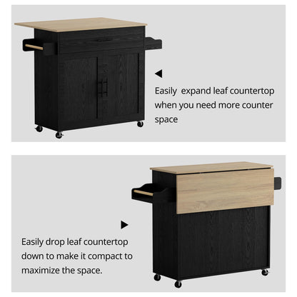 IRONCK Rolling Kitchen Island Table on Wheels with Drop Leaf, Storage Cabinet, Drawer, Spice/Towel Rack, Kitchen Cart, 47.25" Wide Black