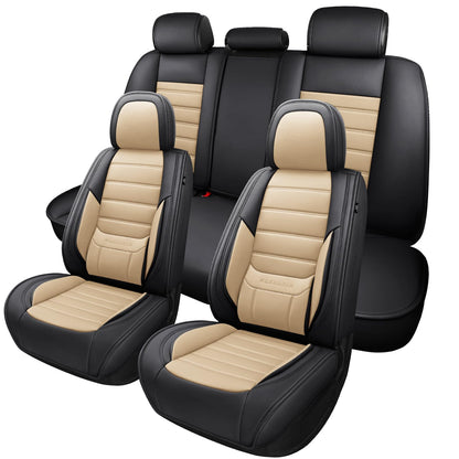 MINGBRON Car Seat Covers Full Set, Brown Car Seat Cover Lumbar Support, Car Seat Protector Waterproof, Nappa Leather Car Seat Cushion, Front Seats and Back Fit for Most Cars Beige