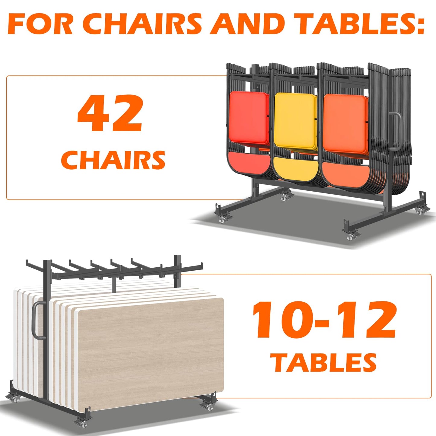 NULTRUMA Folding Chair Rack, Heavy-Duty Folding Chair Cart Storage for 42 Chairs or 12 Tables, 550 lbs Capacity, Heavy Metal Chair Holder Rack with Locking Universal Wheels, Dust Cover, Elastic Cords