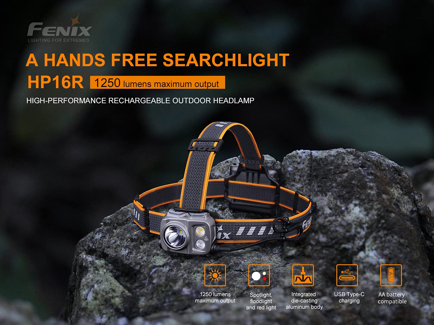Fenix HP16R 1250 lumen dual white beam & red LED Headlamp, rechargeable battery with EdisonBright USB type-C charging cable