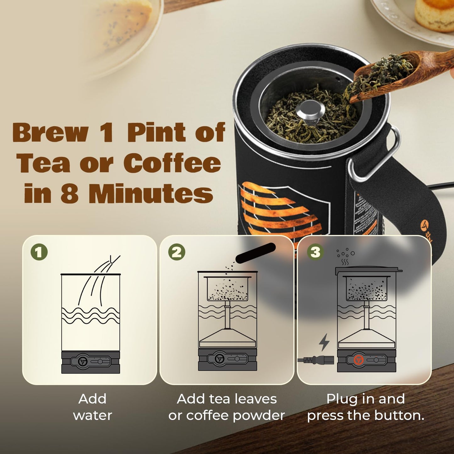 STOKE VOLTAICS Percolator Coffee Pot Electric,Boil Water & Brew Tea 2-in-1,3 Cup Coffee Maker,Portable Tea Kit for Camping,Travel