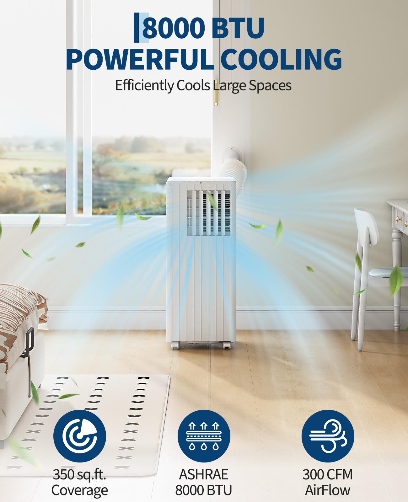 Garvee 8000 BTU Portable Air Conditioner, 3-in-1 Cooling, Dehumidifying & Fan for Rooms Up to 350 Sq. Ft | Quiet Sleep Mode | Energy-Saving 24-Hr Timer | AC Unit w/Remote & Full Window Kit, White