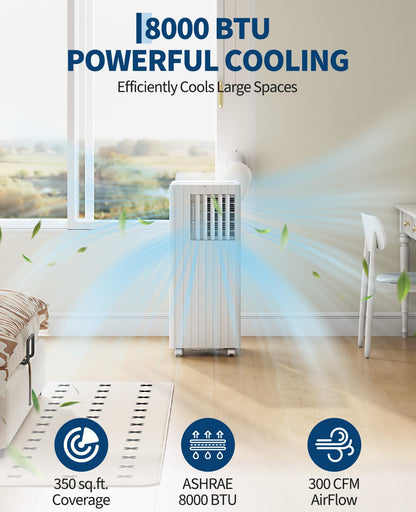 Garvee 8000 BTU Portable Air Conditioner, 3-in-1 Cooling, Dehumidifying & Fan for Rooms Up to 350 Sq. Ft | Quiet Sleep Mode | Energy-Saving 24-Hr Timer | AC Unit w/Remote & Full Window Kit, White