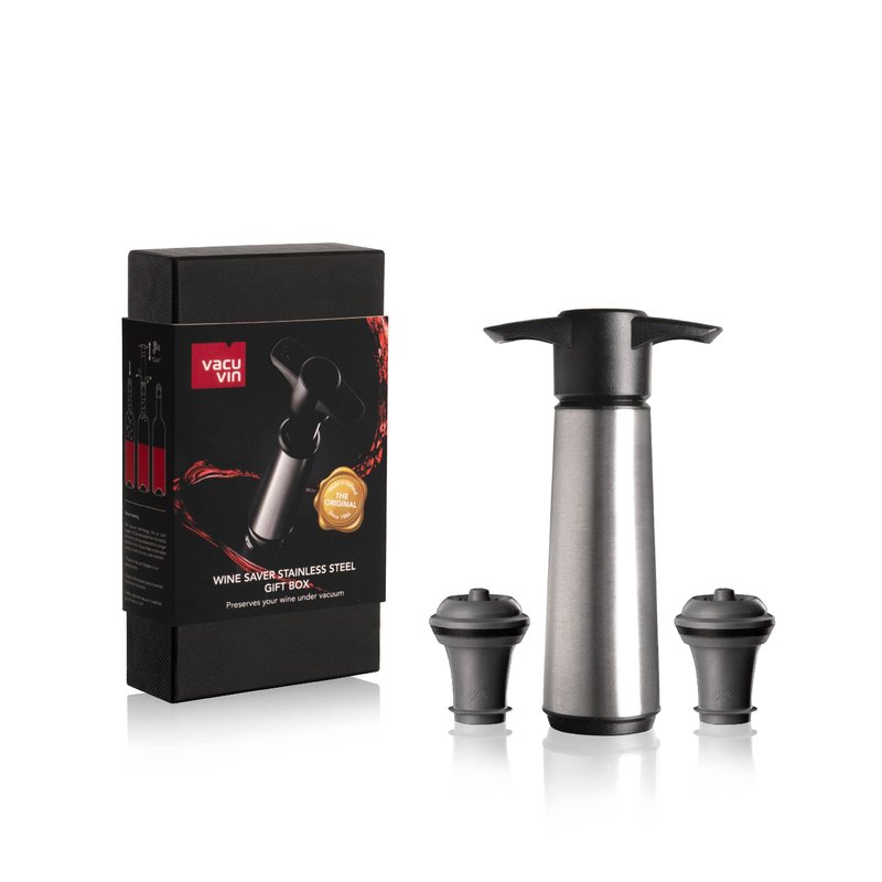 Vacu Vin Wine Saver Stainless Steel Gift Box – Includes 1 Vacuum Pump & 2 Stoppers – Preserve Wine Freshness – Elegant Wine Accessory Set