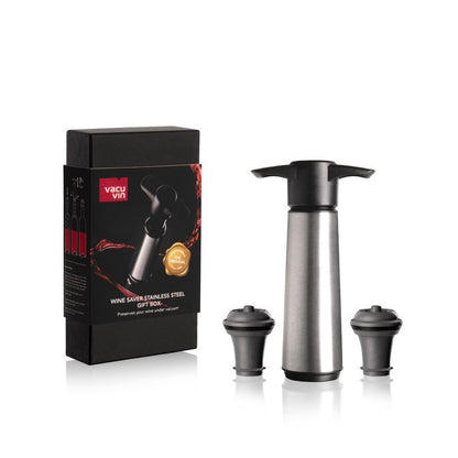 Vacu Vin Wine Saver Stainless Steel Gift Box – Includes 1 Vacuum Pump & 2 Stoppers – Preserve Wine Freshness – Elegant Wine Accessory Set