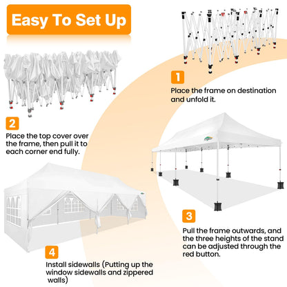 COBIZI 10x30 Pop up Canopy with Roller Bag & 8 Removable Sidewalls, Canopy Tent for Parties, Wedding, and Commercials, Waterproof and Instant Shelter UV50+ Outdoor Gazebo with 4 Sandbags(White)
