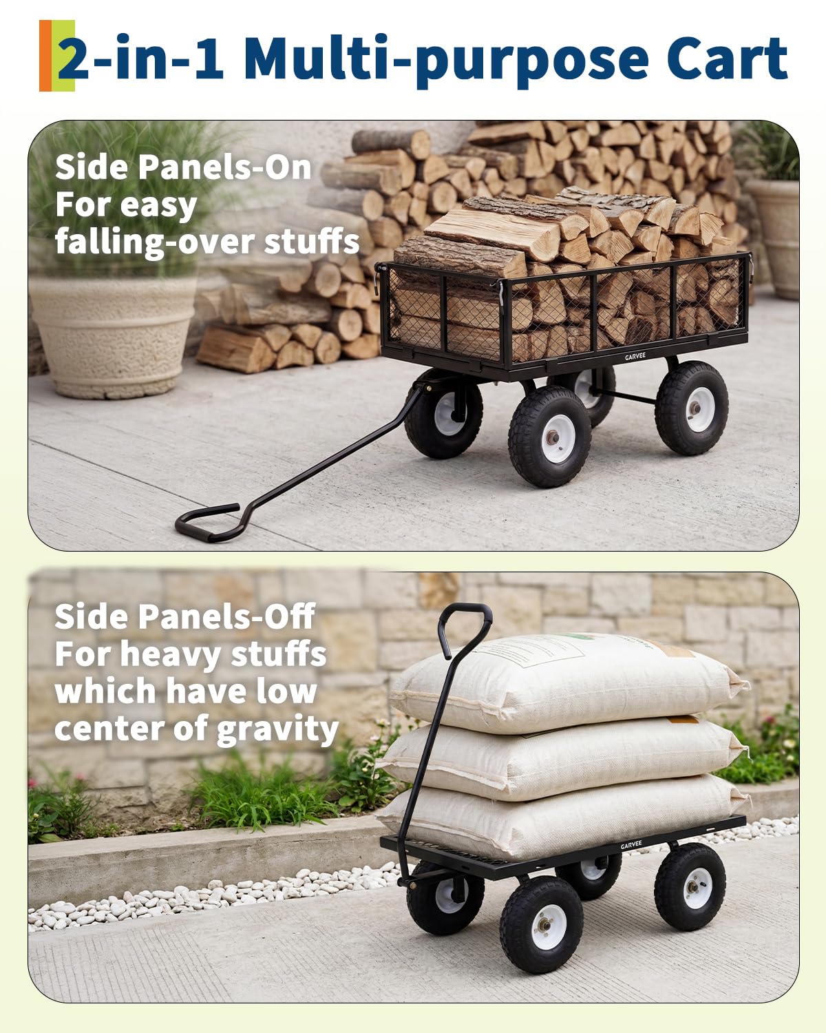 Garvee Versatile Outdoor Utility Cart - 800LBS Heavy-Duty, 10" All-Terrain Pneumatic Tires, Easy Maneuverable Lawn Cart with Removable Mesh Panels for Gardening & Landscaping, Black