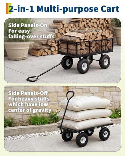 Garvee Versatile Outdoor Utility Cart - 800LBS Heavy-Duty, 10" All-Terrain Pneumatic Tires, Easy Maneuverable Lawn Cart with Removable Mesh Panels for Gardening & Landscaping, Black