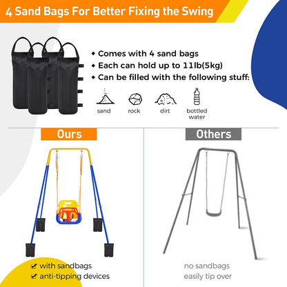 FUNLIO Toddler Swing with Foldable Metal Stand for Toddlers Aged 1~10 Years, 3-in-1 Baby Swing Set with 4 Sandbags for Backyard/Indoor/Outdoor Play, Easy to Assemble & Store
