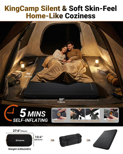 KingCamp Premium Double Self Inflating Sleeping Pad, 7.5 R-Value Air & Foam Camping Mattress 2 Person, 3" Thick Double Size Insulated Sleeping Pad with Pump Sack for Car Camp Tent, PVC Free, Black