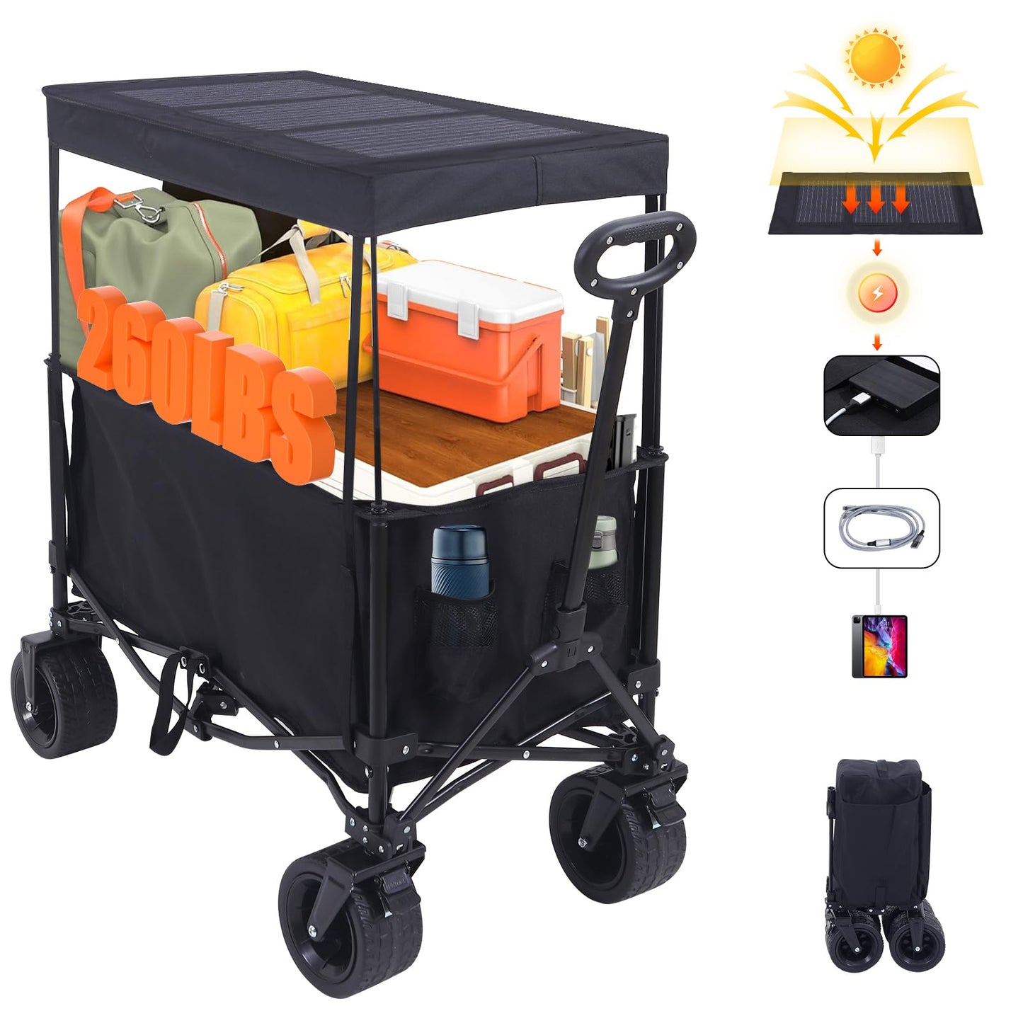 Nice C Wagon with Canopy, Collapsible Wagon, Foldable Wagons, 30W Portable Solar Panel w/USB, Type-C & DC Charging Cable, All-Terrain Wheels