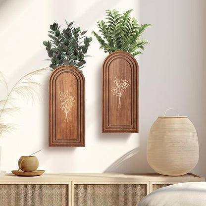 Rustic Wood Wall Planter - Decorative Hanging Vase for Dried Flowers & Artificial Plants, Farmhouse Wall Art Decor for Living Room & Entryway, Set of 2 Faux Greenery Holder (Not for Live Plants)