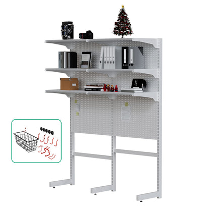 JWX Standing Pegboard Shelf Unit, White Gaming Home Office Garage Cabinets with Metal Pegboard and 15 Pieces Organizer Tool Holders