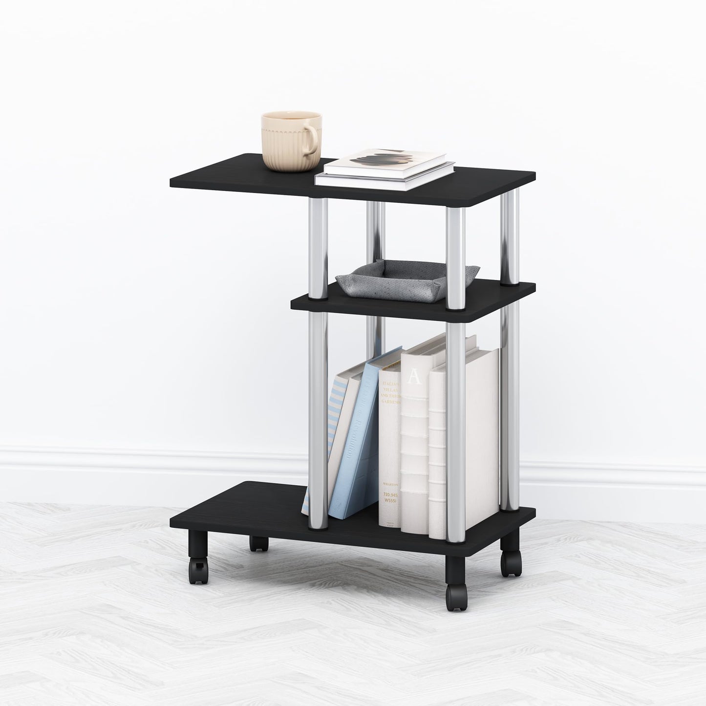 Furinno TOMI Side Table, 3-Tier C-Shape Open Shelf End Table with Wheels, Night Stand, Bedside Table, Toolless Assembly, for Living Room, Bedroom, Americano/Stainless Steel