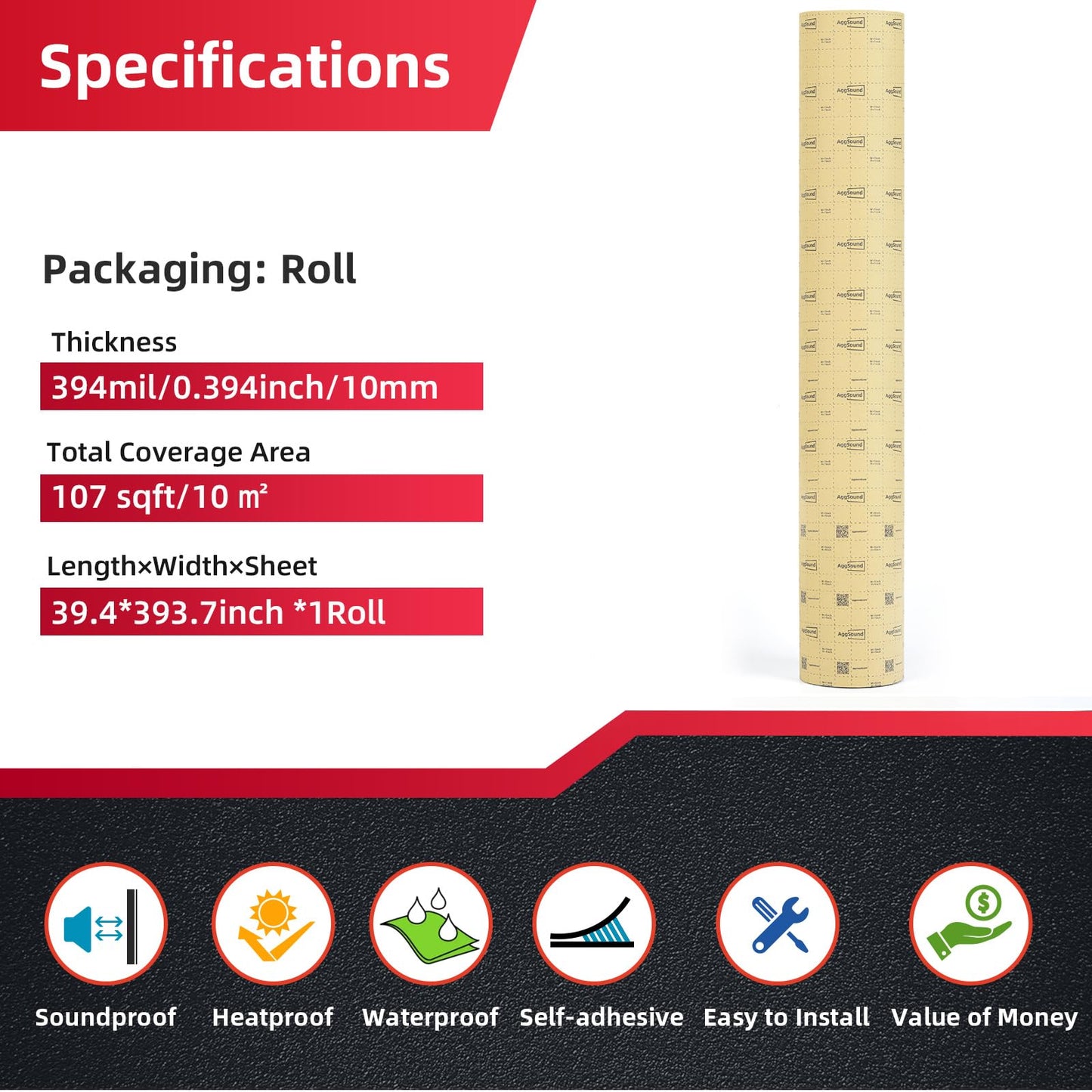 AggSound Sound Deading Material for Cars, 394mil(10mm) 107.64sqft Sound Deadening Mat - Automotive Noise Insulation and Vibration Dampening Material Foam for Auto Audio, Door, Roof, Floor and Trunk