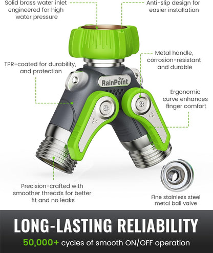 RAINPOINT Garden Hose Splitter - 2 Way Heavy Duty Y Spigot with Shutoff Valves & Metal Handle | 3/4" GHT Thread, Green