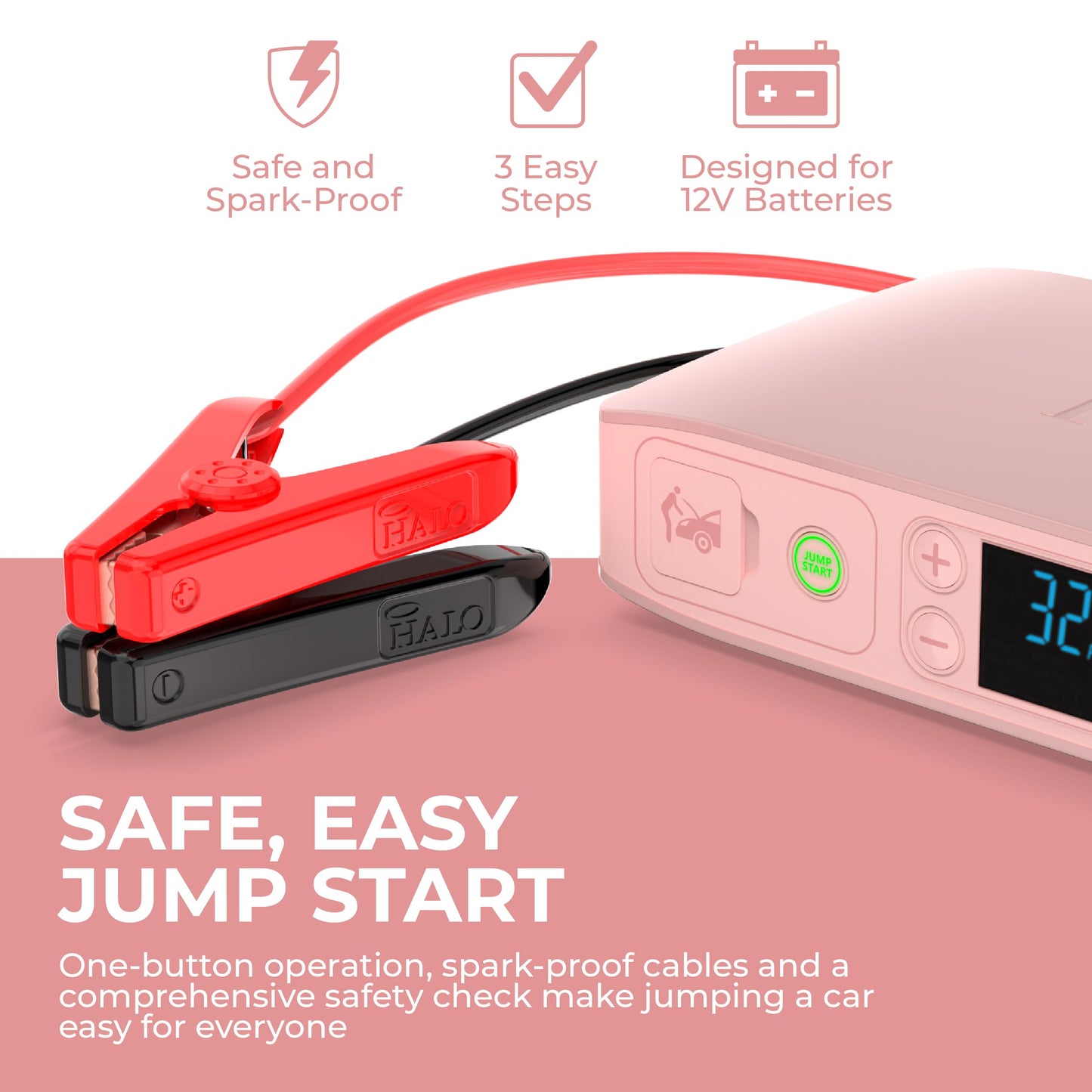 HALO Bolt Air+ 55500 Portable Car Battery Jump Starter | 100 PSI Air Compressor, 55.5Wh USB Power Bank, Emergency Floodlight & Charger, Jumps Cars SUVs & Trucks, Inflates Tires, TSA Approved — Rose