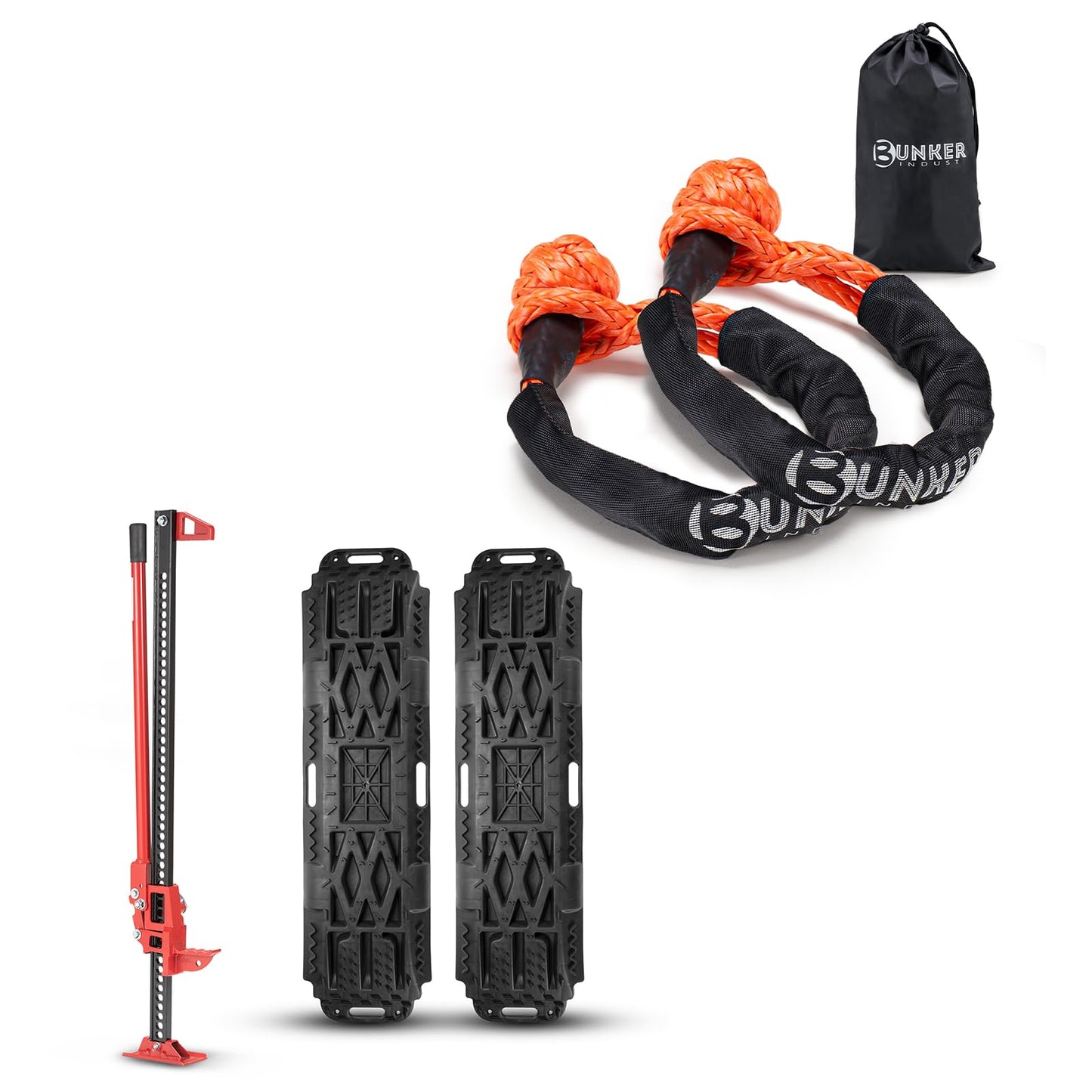 BUNKER INDUST Offroad High Lift Jack with Pair Traction Board Mate + 2Pcs Synthetic Soft Shackle Rope
